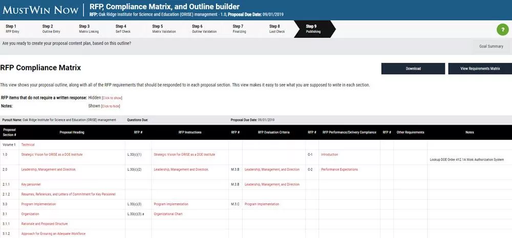 Creating a compliance matrix using MustWin Now