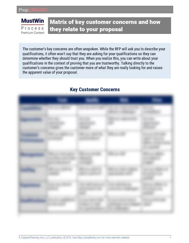 Matrix of key customer concerns and how they relate to your proposal